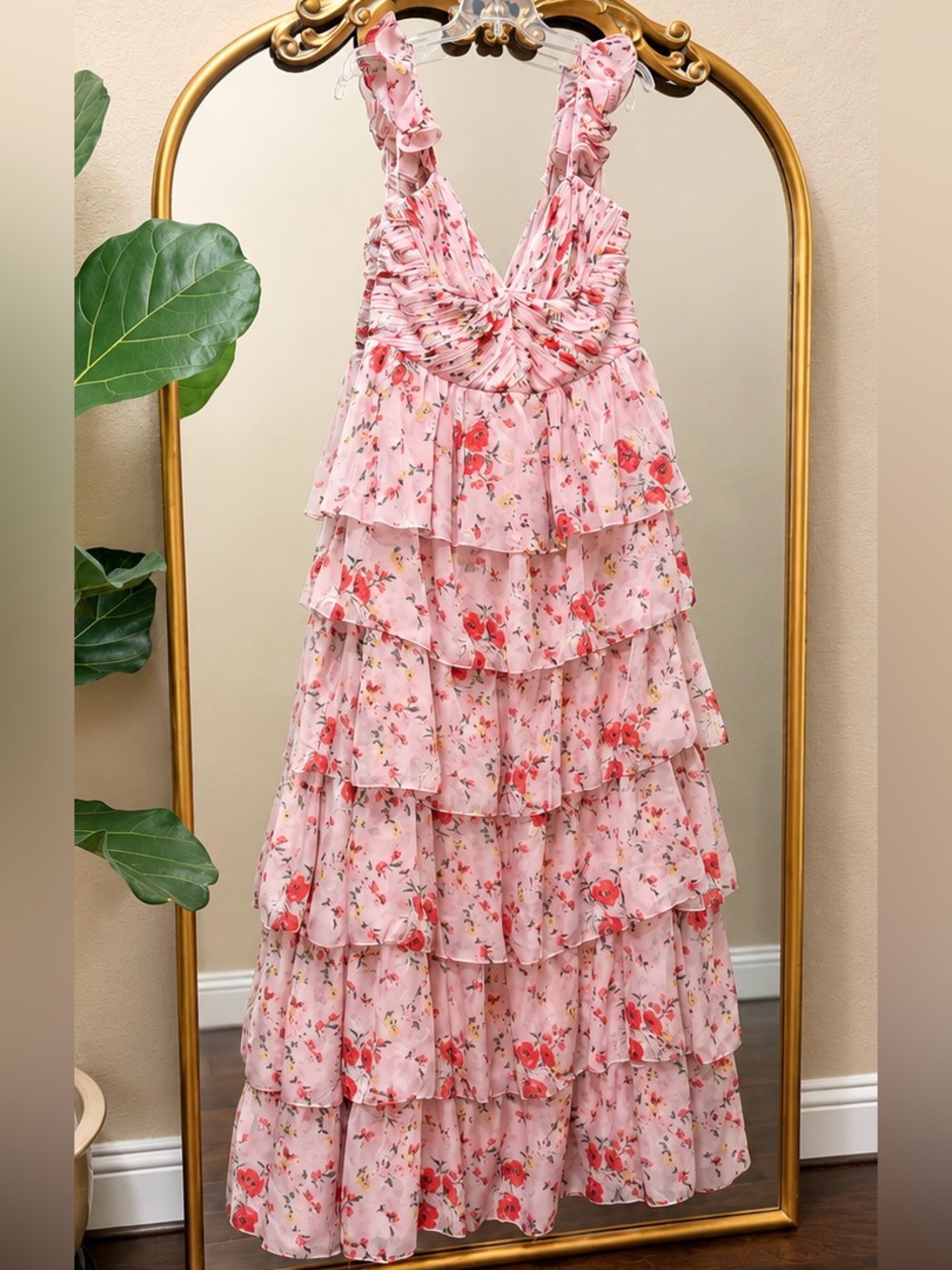 Ieena Mac Duggal Floral Ruffled Sleeveless Draped Maxi Dress Size 16 - Picture 7 of 12